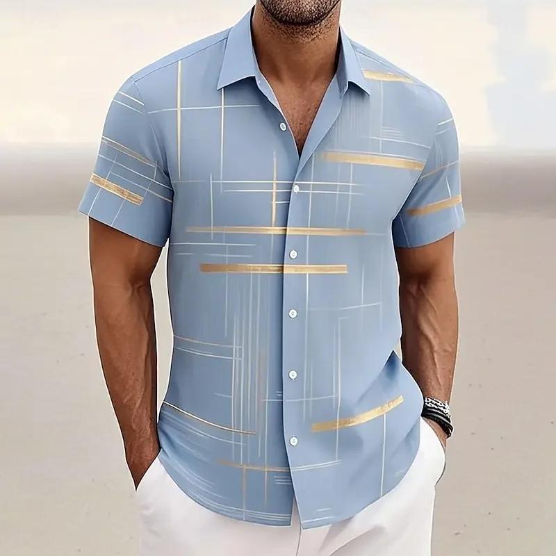 2026 Herren Geometrisches Farbblock-Hemd Knöpfbares Hemd Lässig Kurzarm Mode Lässig Täglich Urlaub Sommer 3XL himmelblaue