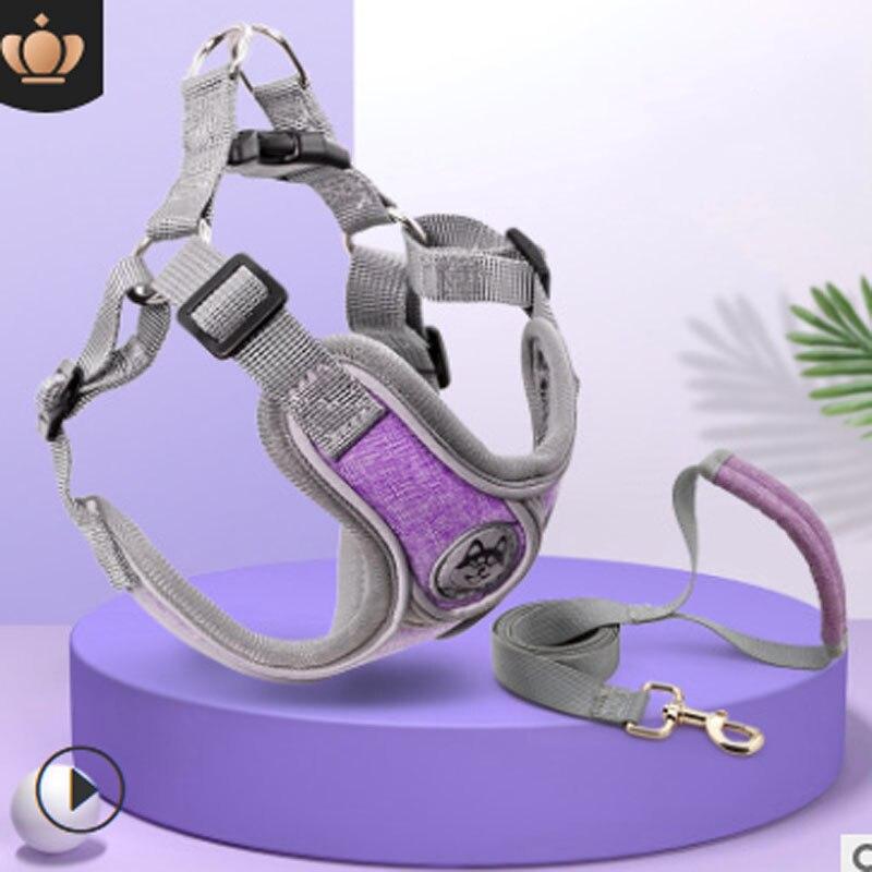 Atmungsaktives Hundegeschirr mit Leine, reflektierendes Oxford-Westengeschirr für Hunde, verstellbare Größe, kleine und mittelgroße Hunde L with Leash violett