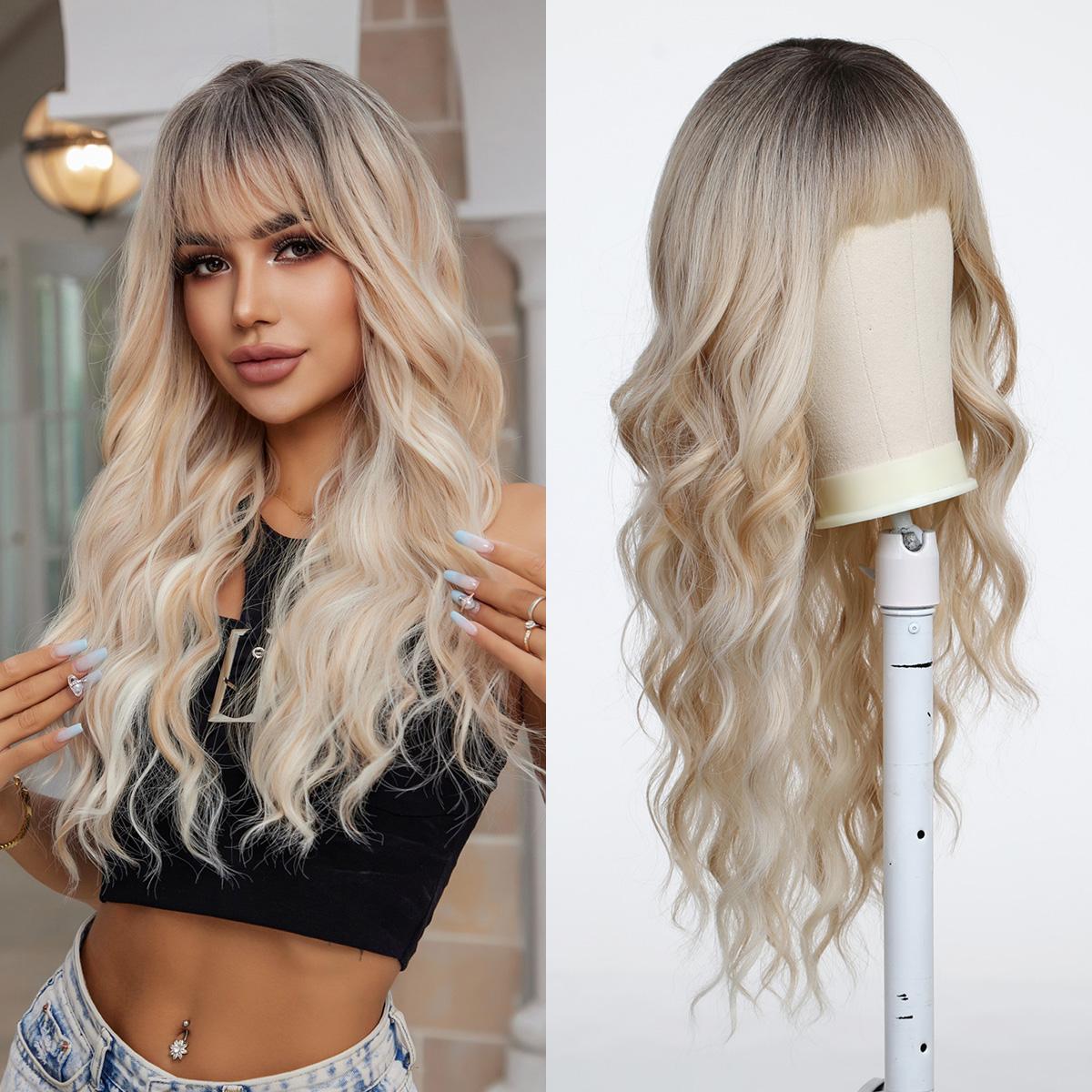 ALAN EATON Lange Ombre-Blond-Platin-Perücken mit Pony, gewellte lockige Perücke für Frauen, tägliche Party, hitzebeständige Faser-Perücken, Cosplay