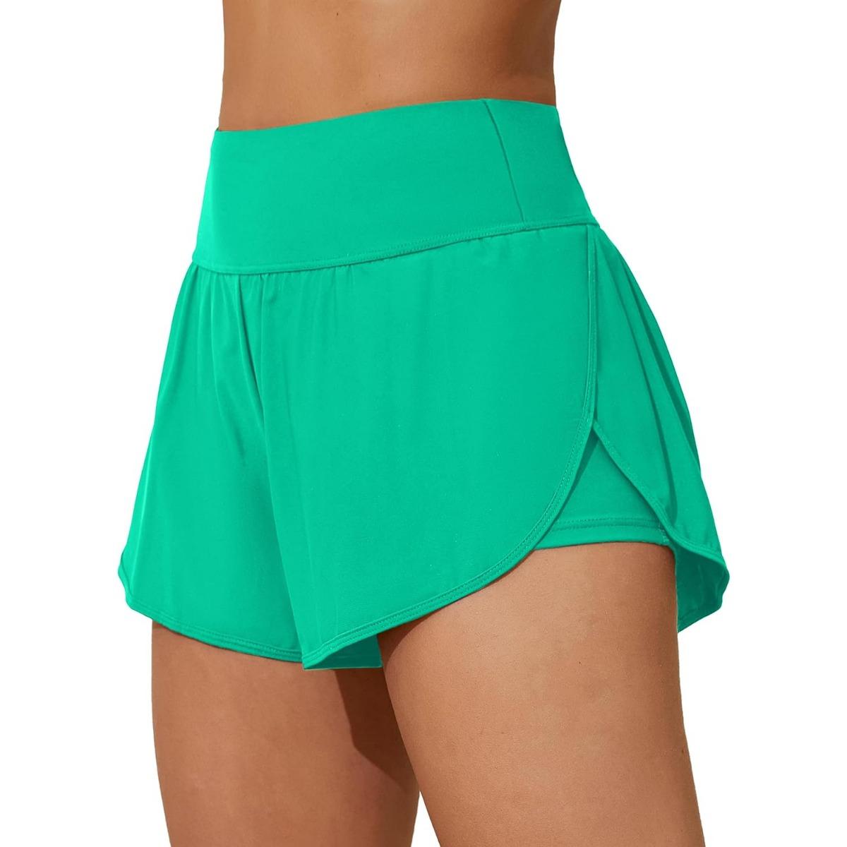 Charmleaks Damen-Badeshorts, seitlich geteilte Badehose, 2-in-1-Boardshorts mit Taschen, Badehose M grün