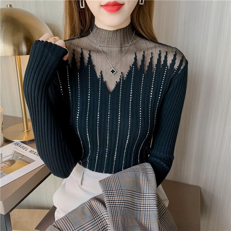 Mode Halb Hohen Kragen Sexy Diamant Pullover Gespleißt Mesh Stricken Tops Herbst Und Winter Frauen Langarm Slim Fit Pullover 29042 One Size schwarz