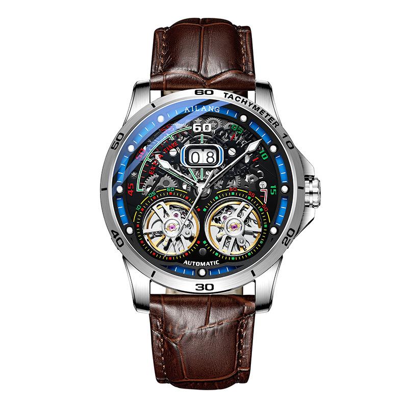 AILANG Neue Schweizer Uhren, Doppel-Tourbillon, automatische mechanische Uhren für Herren, Ledergürtel