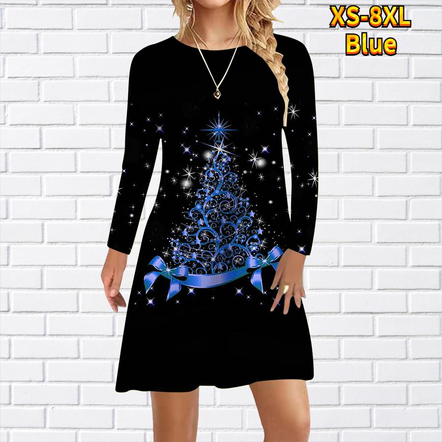 Damen Freizeitkleid mit Stern-Weihnachtsbaum-Print, Kleider für Damen, O-Ausschnitt, kurzärmelig, Übergröße M blau