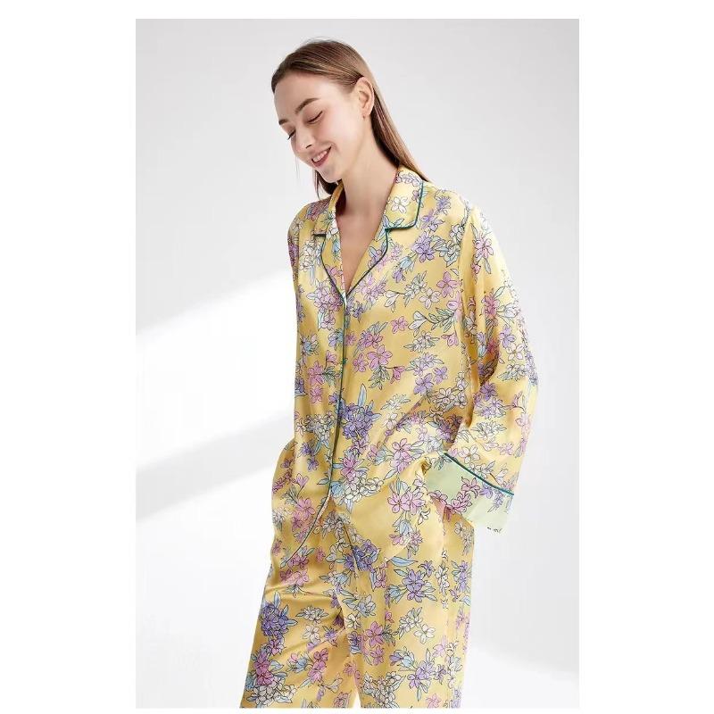 Herbstlicher Damen-Pyjama aus Maulbeerseide mit Print, langer Pyjama, Reversknopf, Strickjacke, Outfits, Loungewear, Pyjamas aus reiner Seide, 2-teiliges Pyjama-Set XL gelb