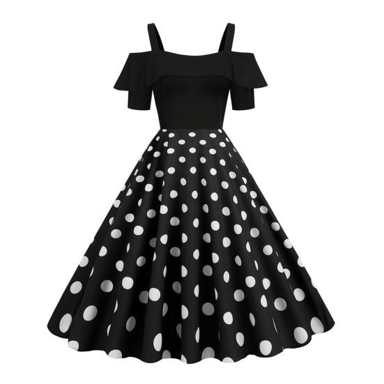 Frauen Retro Sling Off-Schulter Midi Kleid Rüschen Hülse Dot Print Patchwork Urlaub Kleid Hohe Taille A-Line Party Kleid 2XL schwarz