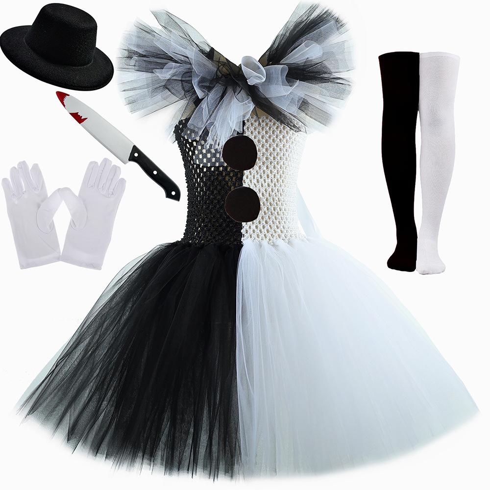 Halloween Outfit Kinder Party Horror Kleid Anzug Mädchen Clown Kostüm Mit Hut, Handschuhen, Messer Requisite Spitze Puffiges Kleid Für Mädchen Kleidung 6-7Y(110-120cm) gray