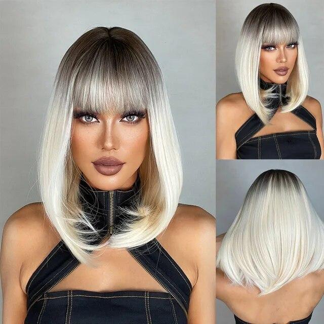 Blonde, seidig glatte synthetische Perücken mit Pony, mittellange natürliche Platin-Perücke für Frauen, Cosplay, hitzebeständig