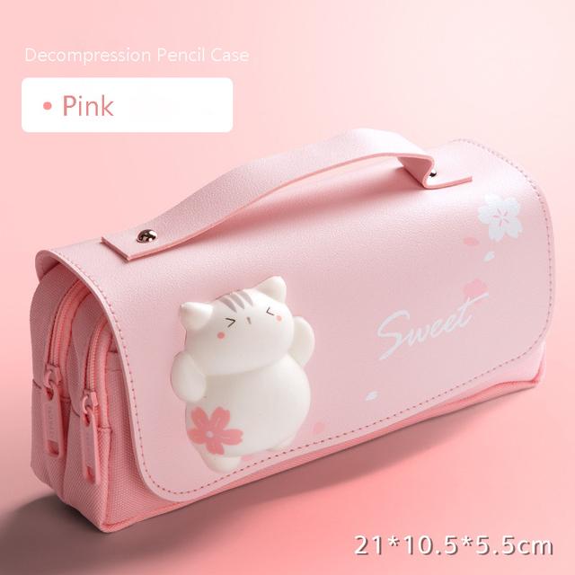 Süße Katze Dekompression Federmäppchen Große Bleistiftbox Tragbare Mädchen Stifttasche Doppelschicht Schultasche Kawaii Briefpapier Pensil Case C rosa