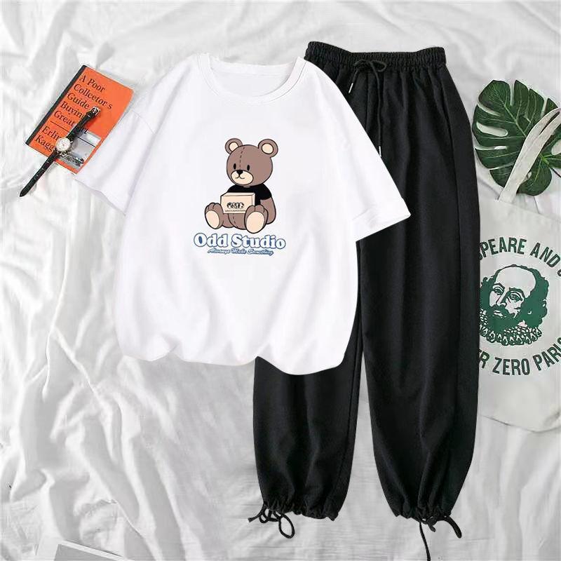 Mode Wenig Bär Kurzarm Casual Sportswear Anzug Frauen Casual Breite Bein HosenZwei-stück Sommer Lose Sport Anzug M weiß