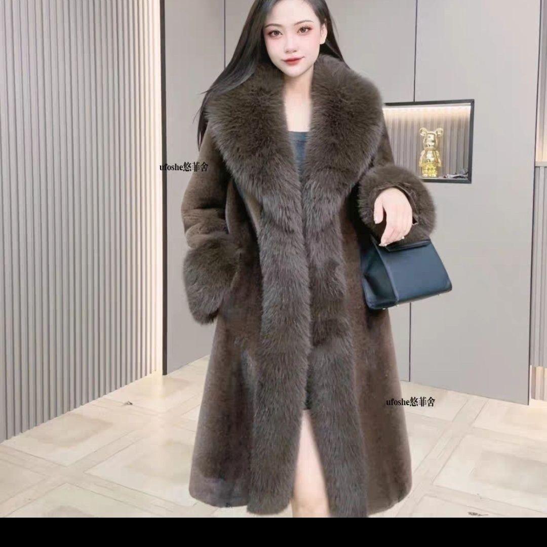Kunstpelzmäntel Damen Langer Mantel Dick Warm Umlegekragen Offener Stich Frühling Oberbekleidung Jacken Elegant Spleiß Herbst Winter XXXL kaffeebraun