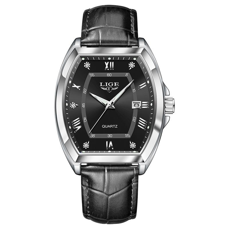 LIGE Herrenuhren Luxus Original Top Marke Leder Wasserdicht Leuchtendes Diamant Zifferblatt Datum Herren Quarz Uhr silber/schwarz