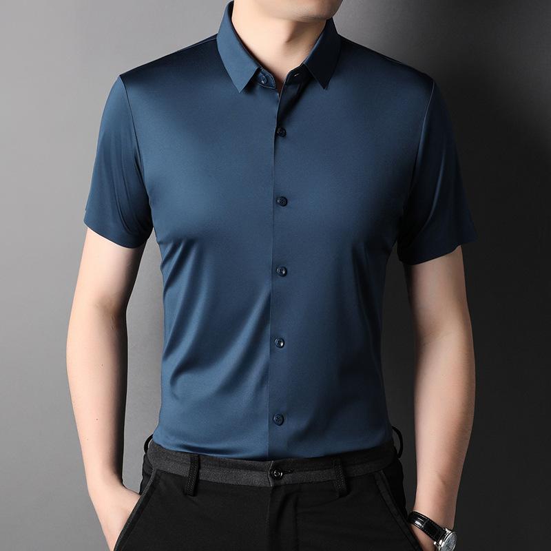 Sommer Neues Herrenmode Lässig Kurzarmhemd Mittelalterlich Eisseide Nahtlos Dünnes Einfarbiges Hemd 4XL blue