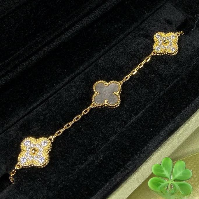 Neue Version Vierblättriges Kleeblatt Fünf-Blüten-Armband Natürlicher Roter Achat Weißes Perlmutt-Armband Damen Laser-Armband V Gold black