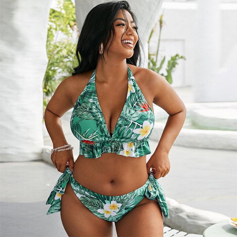 Große Größe Bikini Set Große Tasse Bademode Frauen Retro Neckholder Kreuz Badeanzug Große Größe Badeanzug Plus Größe Bikini 3XL grün