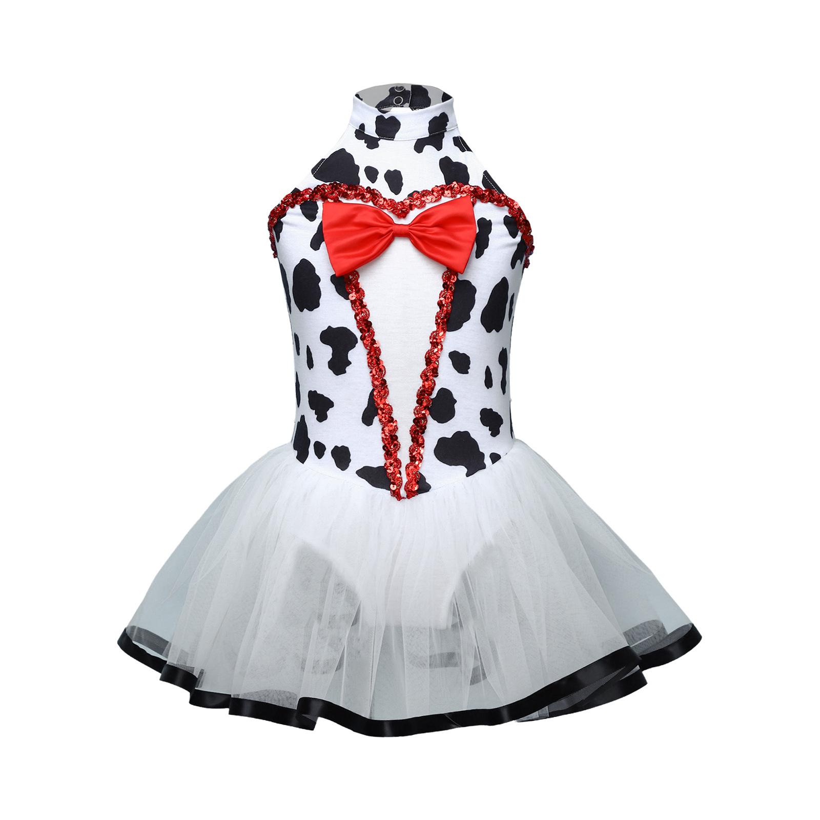 Mädchen Dalmatiener Tutu Kleid Ärmellos Pailletten Schleife Rückenausschnitt Netz Aufgebauschtes Kleid Eingearbeitete Schrittknöpfe Höschen 7-8 Years schwarz/weiß