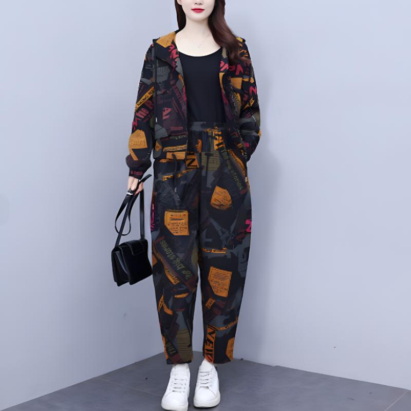Plus Size Retro Anzug Damen Frühling und Herbst Loose Casual Fashion Temperament Kapuzenjacke Zweiteiliger Anzug XL