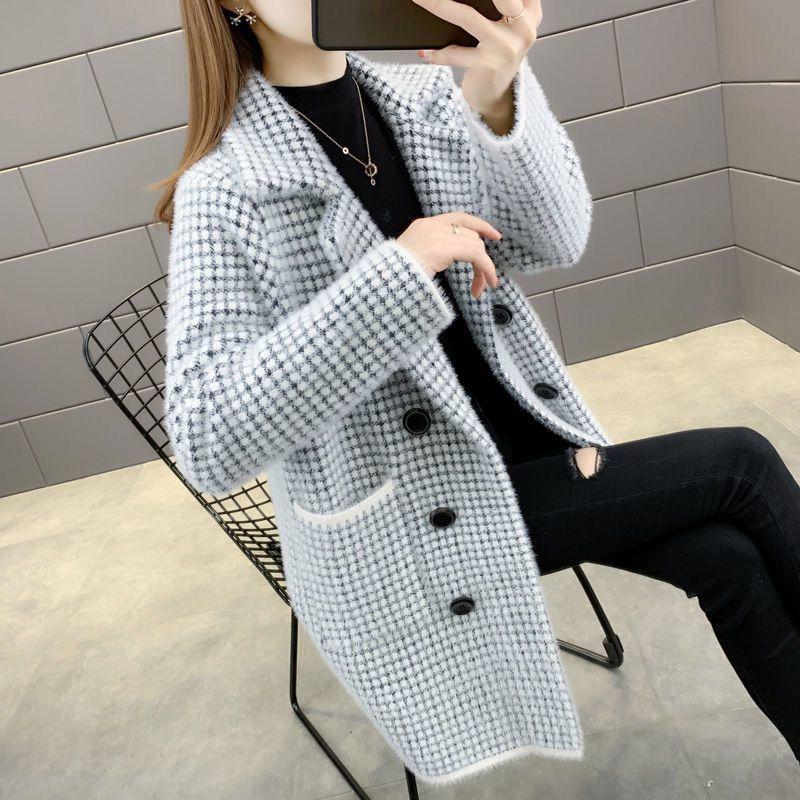 Herbst und Winter Neuer karierter Mantel aus Nerzfleece für Damen Mittellanger, vielseitiger, schmaler Pullover Verdickter Mantel aus Nerzfleece-Imitat L