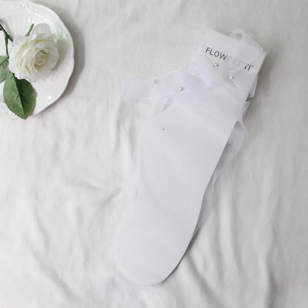 Sommer Ultra-Dünne Tüll Socken Frauen Transparent Perlen Lange Socken Weibliche Chiffon Lace Up Lustige Socken Streetwear weiß