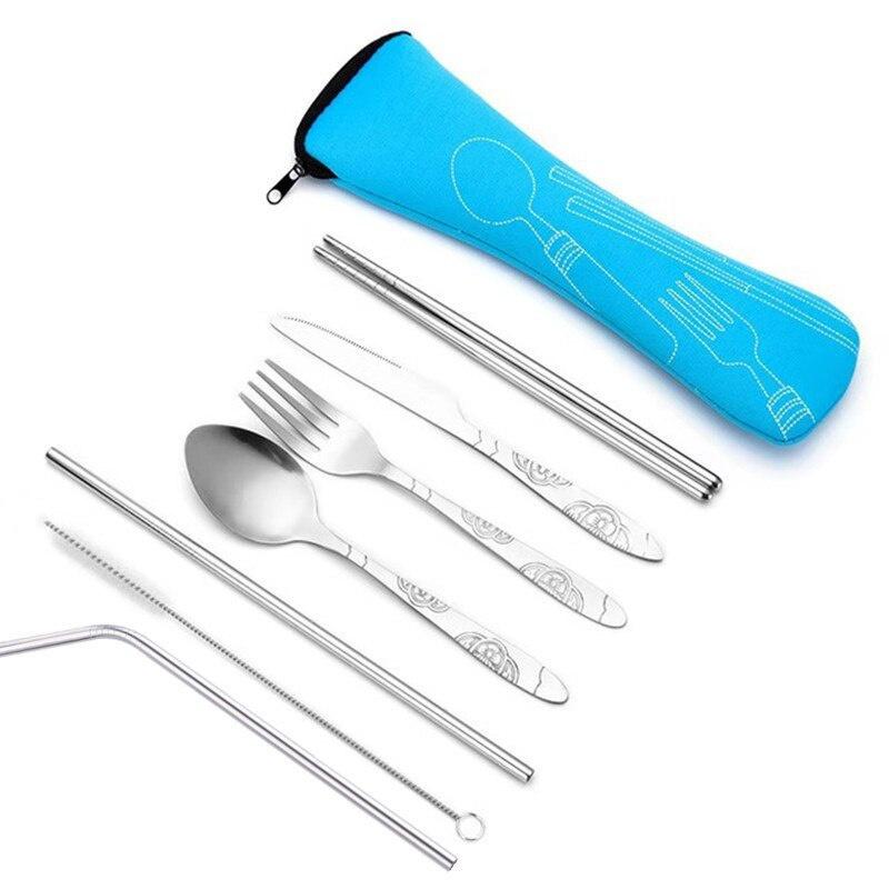 7 teile/satz Edelstahl Geschirr Set Outdoor Tragbare Stoff Tasche Messer Gabel Löffel Stäbchen Stroh Reiche Blumen Sieben Sets blau