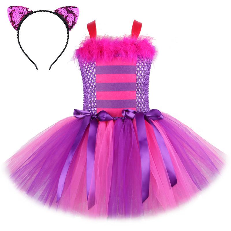 Alice Grinsekatze im Wunderland Kostüm Baby Mädchen Tutu Kleid Lila Cartoon Tüll Partykleid Kinder Halloween Cosplay Kostüm Cheshire Cat Costume-XXL   9-10Y&Cheshire Cat