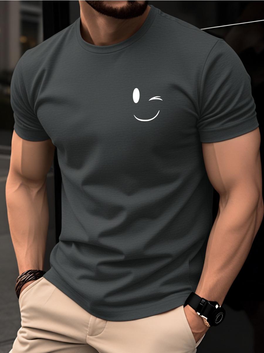 Herrenmode Lässiges lockeres Baumwoll-tailliertes Hemd, Kurzarm-Rundhals-T-Shirt mit Gesichtsaufdruck M black