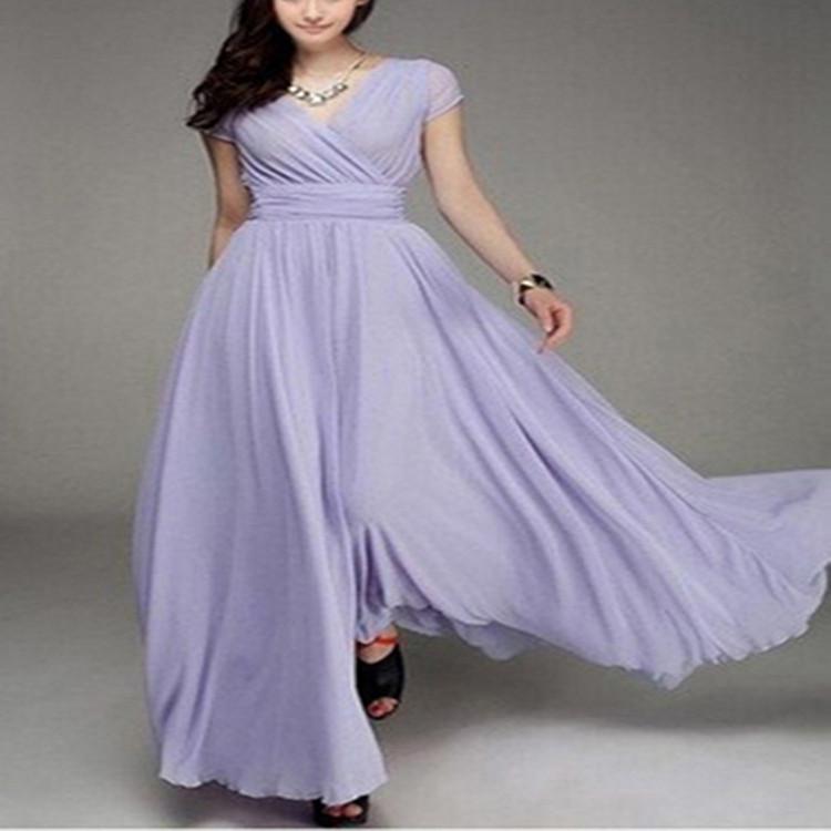 Böhmisches V-Ausschnitt Kurzarm Chiffon Abendkleid mit Taillenbetonendem Design L