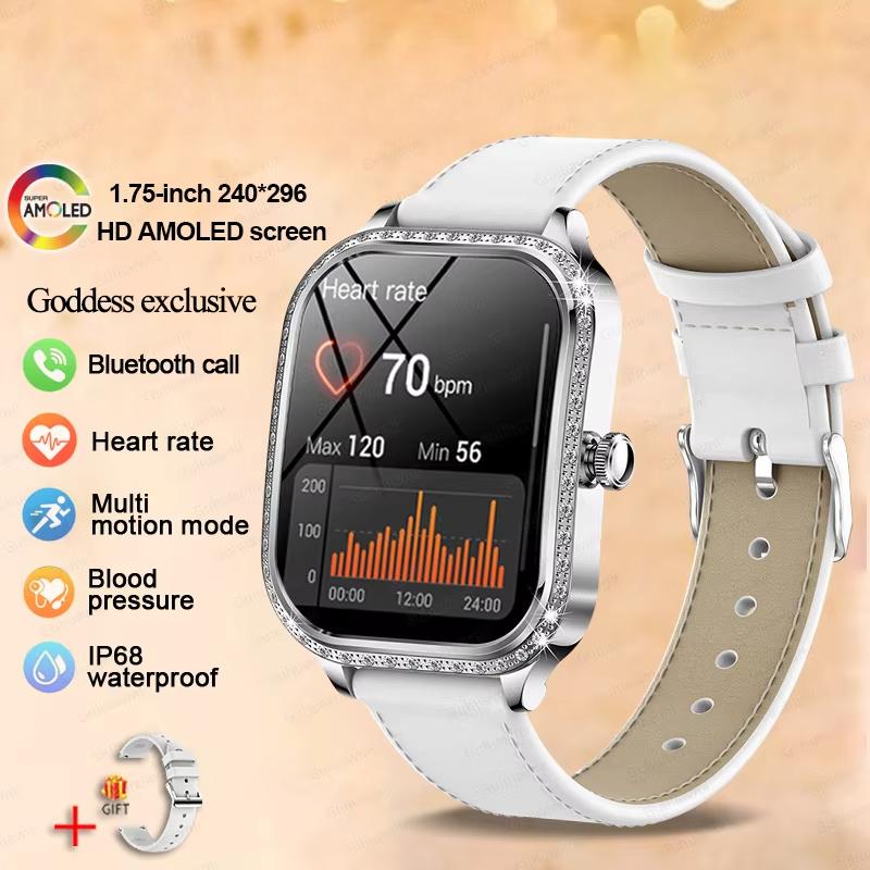 2025 Neue Mode Smart 1,75  HD Display Uhr Damen AMOLED Gebogener Bildschirm IP68 Wasserdicht Gesundheit Anruf Smartwatch Apple Watch Damen für Damen Geschenk leather Belt silber