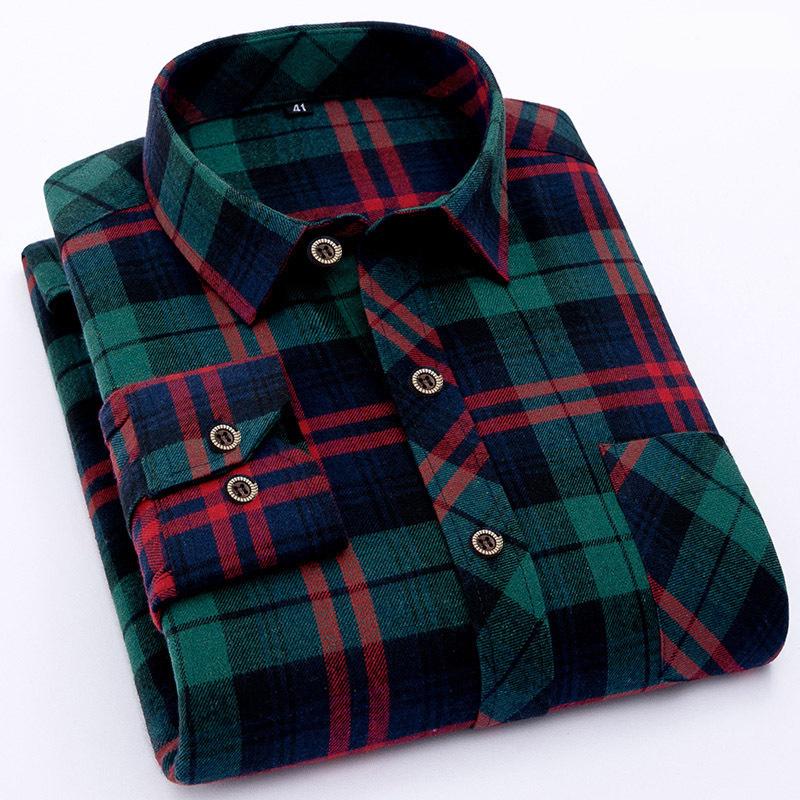 Männer Casual Shirts Langarm Chemise Homme Männlich Check Shirts Winter Baumwolle Top Mantel 3XL grün