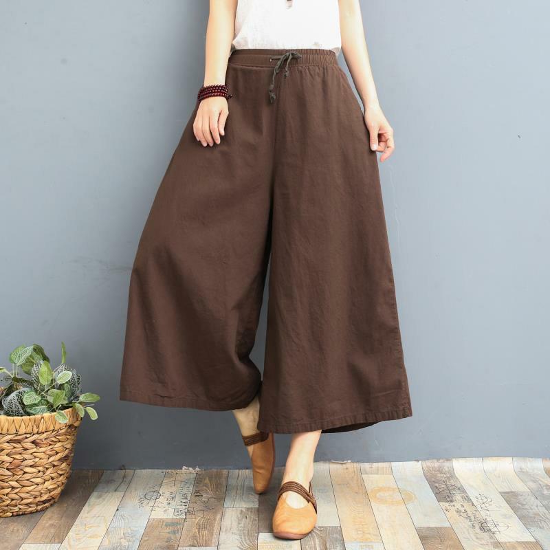 Damen Sommer Dünnschliff Baumwolle Leinen Rock Hose Reine Farbe Locker Drapiert Lässig Acht Punkte Hose L dunkel kaffee