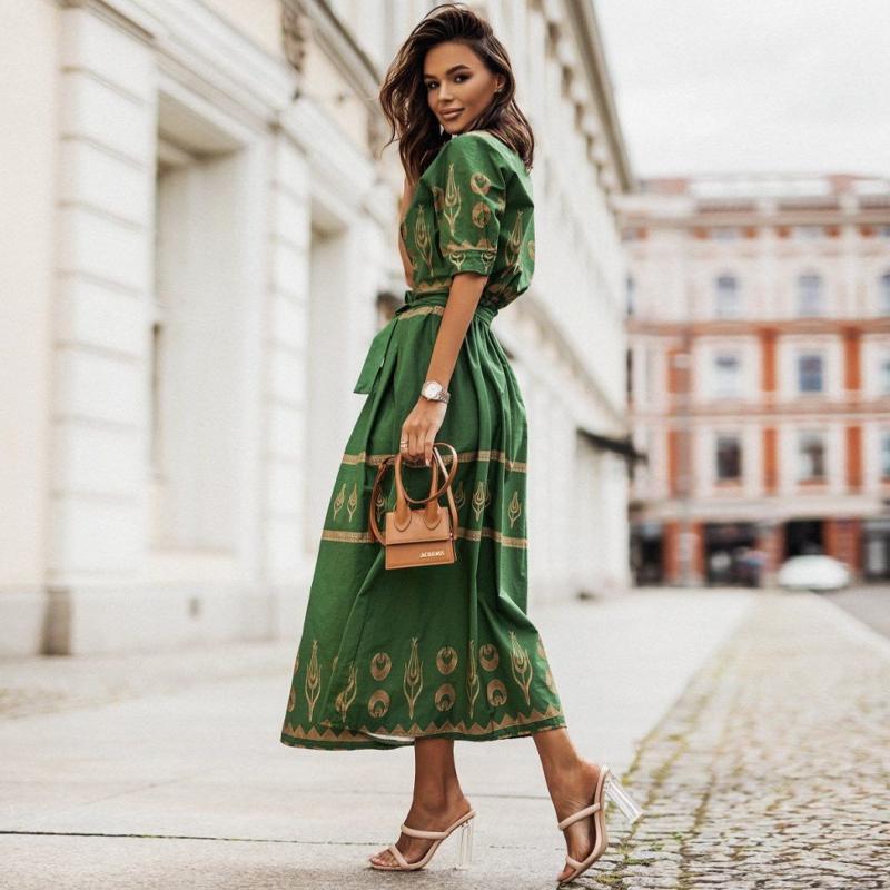 HI-MODE Retro Hemd Kleid Frauen Casual Halbe Hülse Lose Maxi Kleid Elegante Taste Gürtel Hohe Taille Lange Strand party Kleid S grün