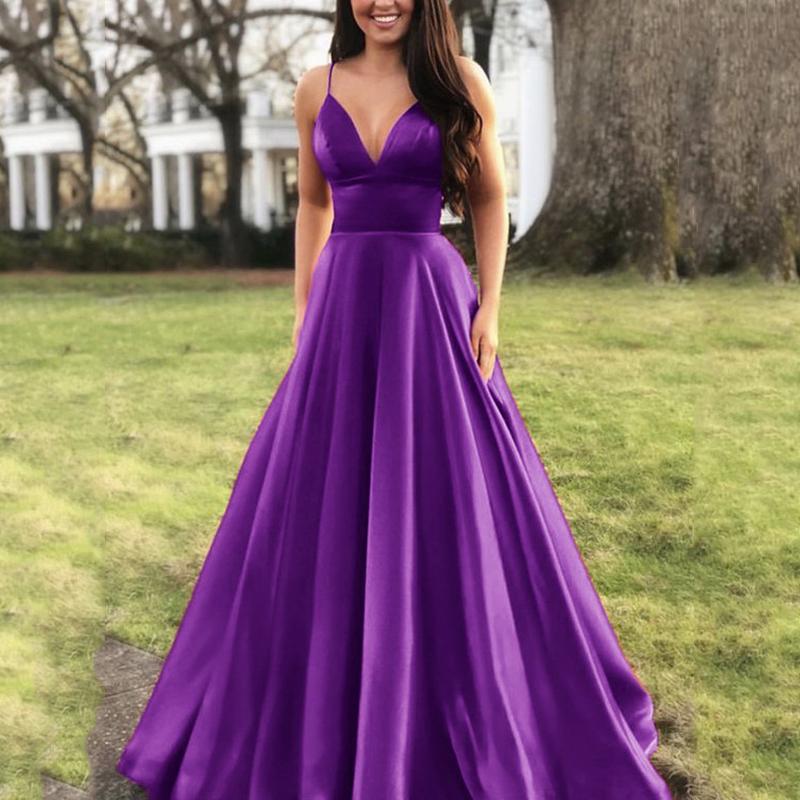 Mode Damen Sexy V-Ausschnitt Einfarbig Kleid Träger Abendkleid XXXL violett