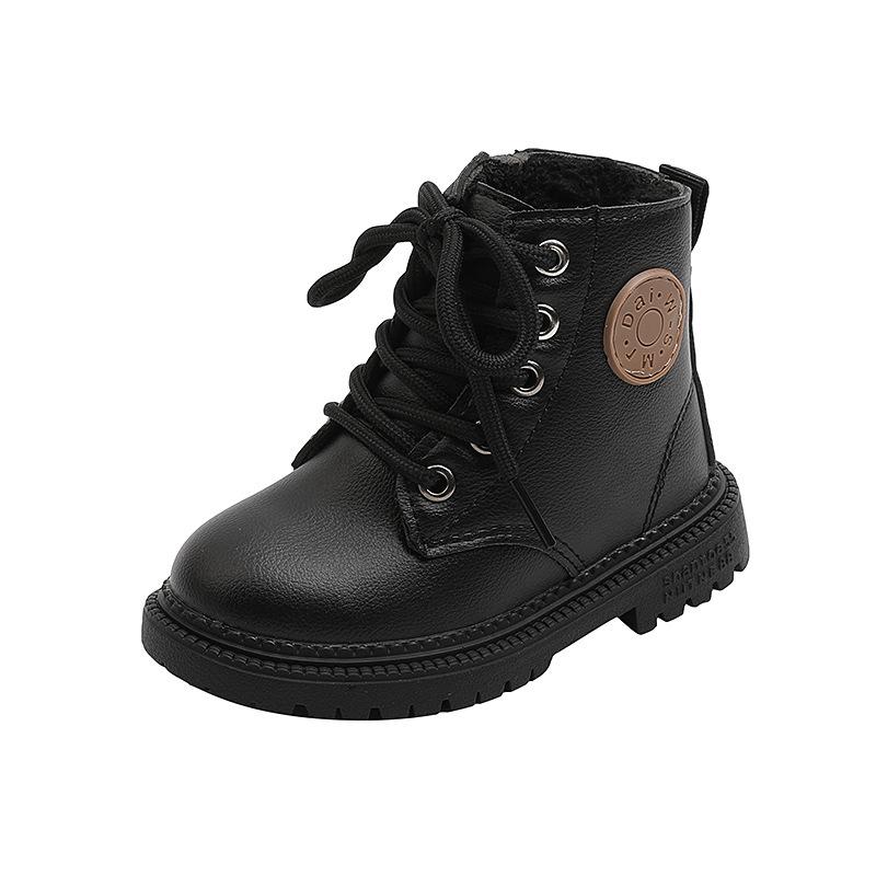 Winter Kinder Stiefel Jungen Mädchen Leder Martin Stiefel Plüsch Mode Wasserdicht Nicht-rutsch Warme Kinder Stiefel Schuhe 24 schwarz