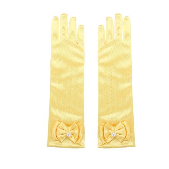 1 Paar Kinder-Performance-Handschuhe, Kunstperlen-Bogen-Dekor, einfarbig, volle Finger, Satin, Blumenmädchen-Handschuhe, Prinzessinnen-Stil, Cosplay-Handschuhe gelb