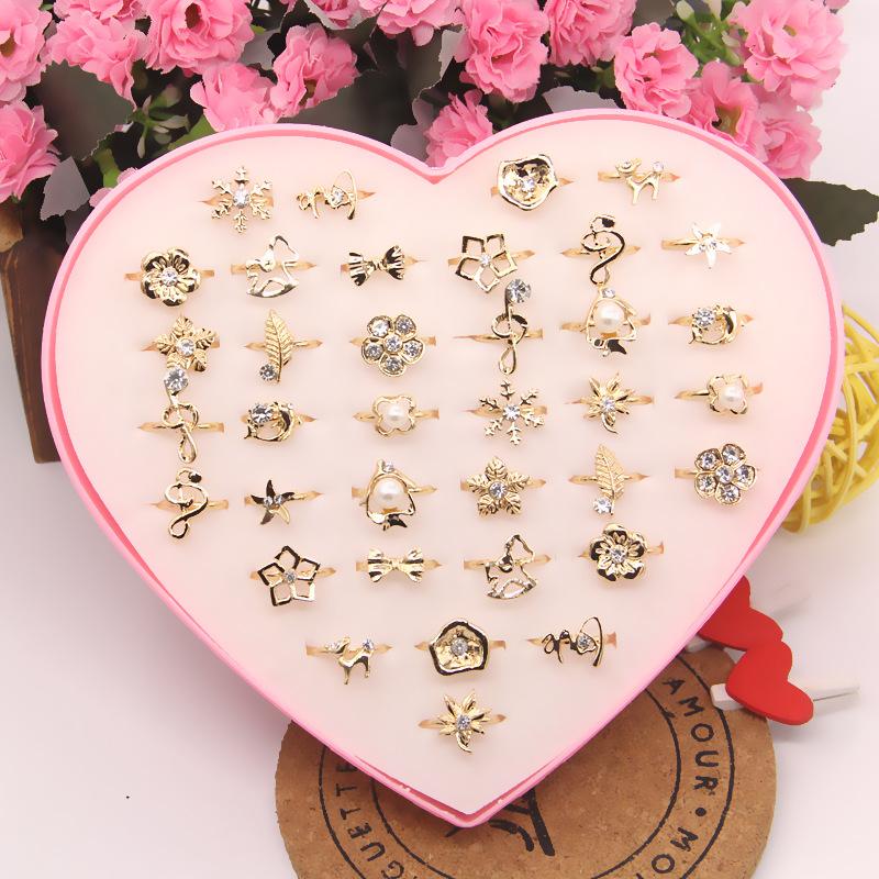 36 Stücke neue kinder mode niedlich einstellbare diamant legierung ring hohl ring Mit box gold