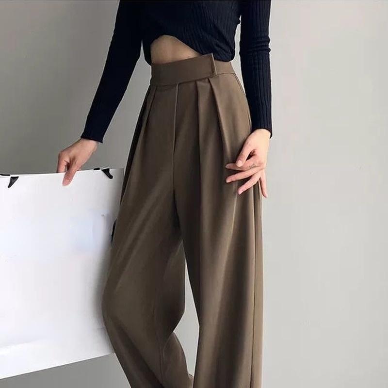 HOUZHOU Breite Bein Anzug Hosen Frauen Vintage Weibliche Casual Büro Dame Hohe Wasit Schwarz Mode Klassische Hosen Übergroßen Hosen M braun