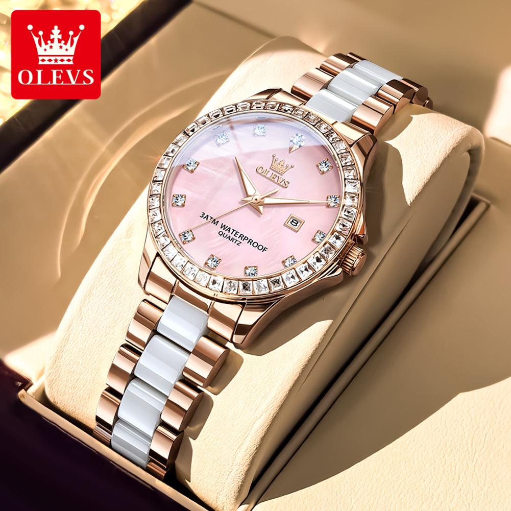 OLEVS Damen Uhr Luxus Elegant Mode Strasslünette Keramikarmband Armbanduhr Wasserdicht Datumsanzeige Uhren rose gold/rosa
