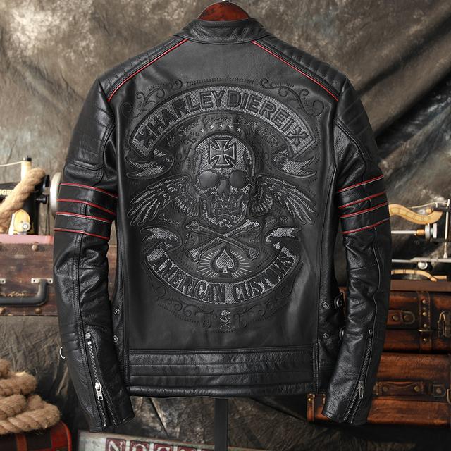 Stickerei Totenkopf Motorrad Echtleder Jacken Natur Rindsleder Moto Biker Ledermantel Herren Frühling und Herbst Kleidung L schwarz