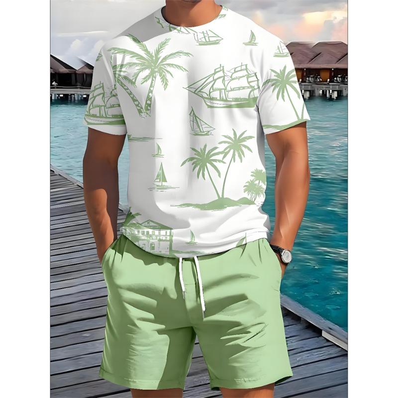 2-teiliges Sommer-Set für Herren, lässig, für jeden Tag, kurzärmelige Shorts, Hawaii-Print, Herren-T-Shirt, Outdoor-Sport, Strandshorts für Herren 5XL grün