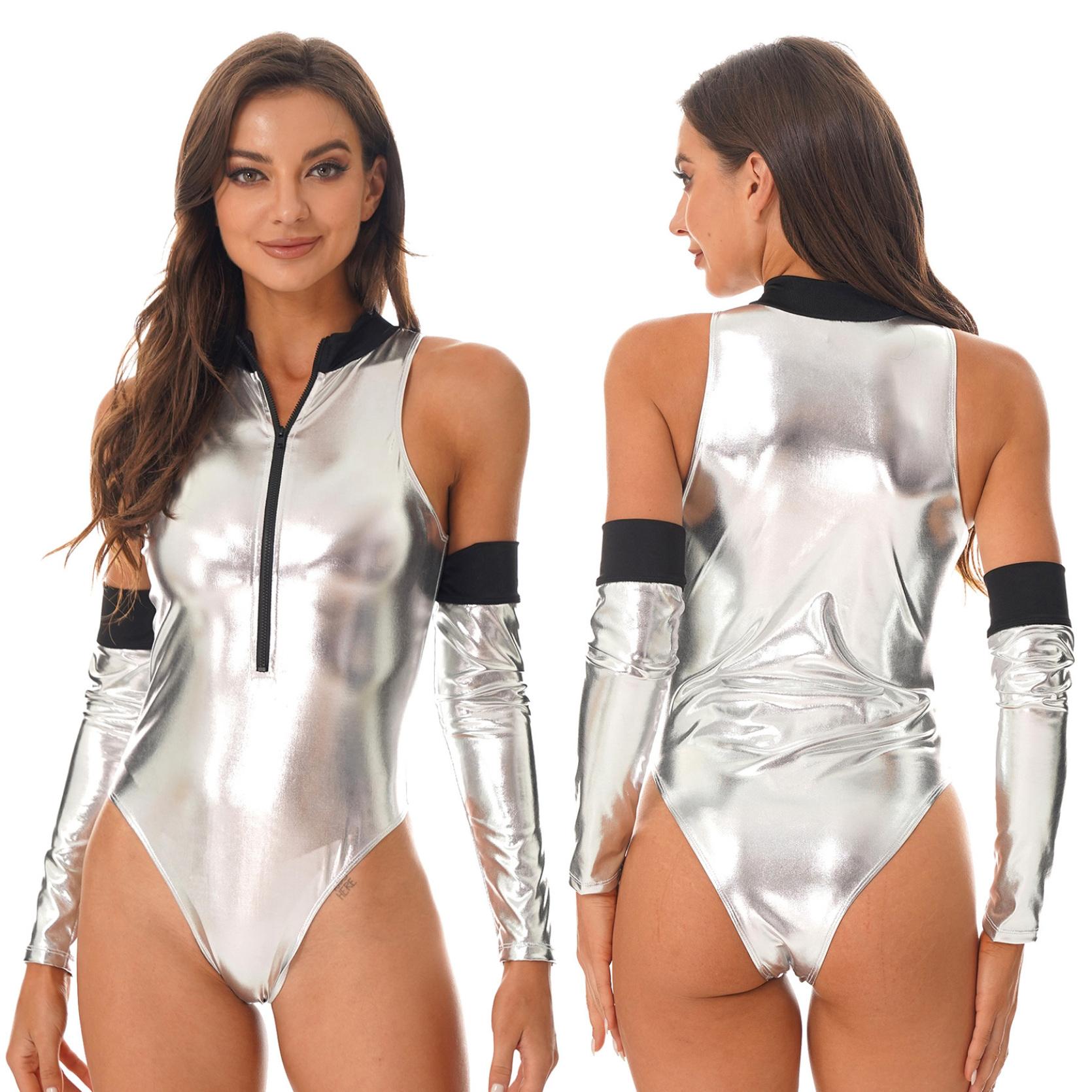 Damen-Rollenspiel-Kostüm-Outfits, glänzender Lackleder-Body, Catsuit mit Oversleeve, Pole Dance, Party, Clubwear, Halloween L silber