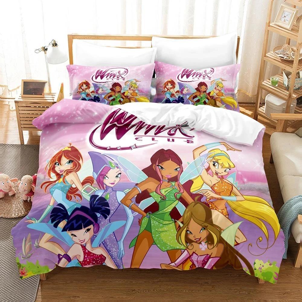 Winx Bettwäsche-Set, Einzelbett, Doppelbett, Queen-Size-Bett, King-Size-Bett, Bettbezug-Set für Erwachsene und Mädchen, Schlafzimmer, 3D-Druck, Anime, Kawaii US King 264x228cm