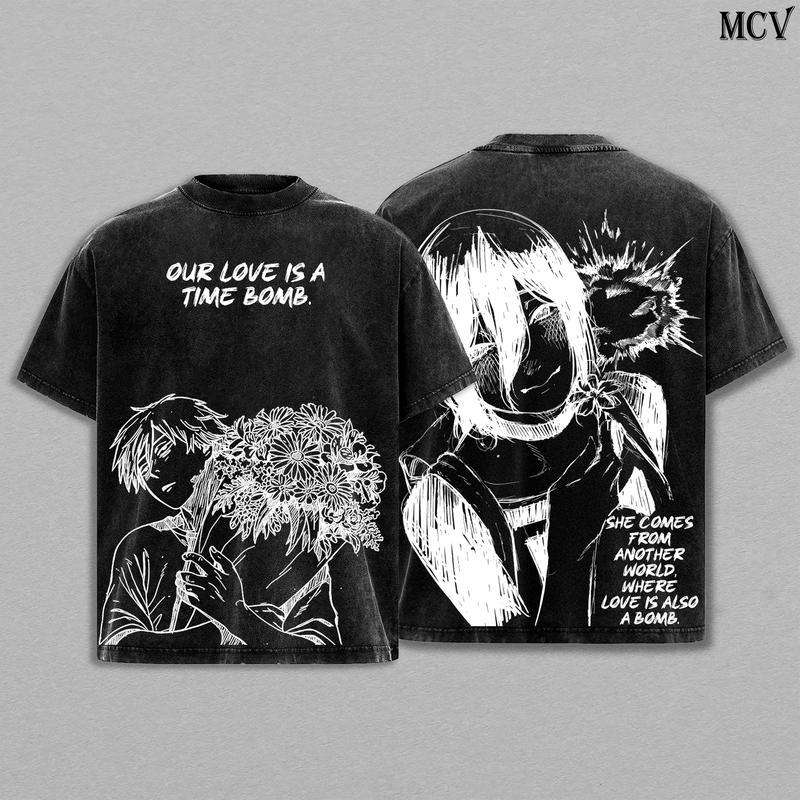 Gewaschenes Chainsaw Man Reze Anime T-Shirt Für Männer Kleidung Heißer Manga-Druck Vintage Oversized T-Shirt Harajuku Y2k Baumwolle Streetwear Damen Herren Kleidung XXXL navy blau
