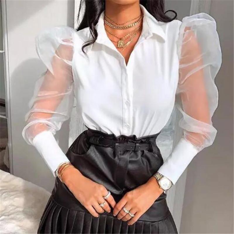 Damen Langarm Bluse und Tops Blumenmuster Sexy V-Ausschnitt Lässige Puffärmel Große Größen Bluse Netzärmel Shirt Top Sexy Weibliche Blusas L weiß