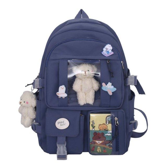 Japanischen High School Mädchen Rucksack Schule Taschen Für Teenager Mädchen Multi Taschen Neue Kawaii Rucksack Frauen Harajuku Nette Mochila No bear doll blau