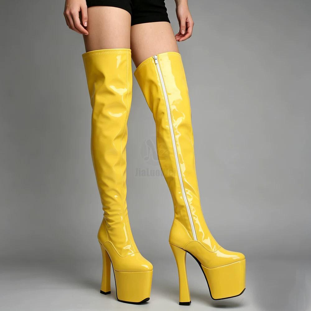 20 cm/8 Zoll Super High Heel Stiefel Sexy Plattform Chunky Heel Reißverschluss Overknee Stiefel Frauen Oberschenkel Hohe Stiefel Plus Größe 44 45 46 37 gelb