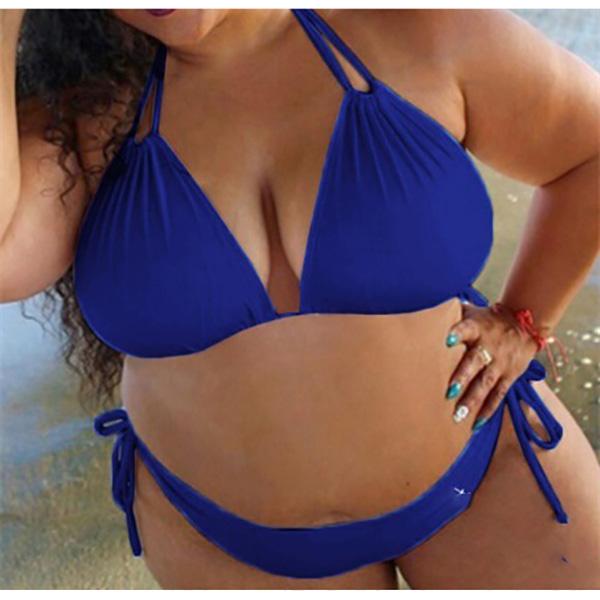 Bikini Sexy Damen Übergröße Einfarbige Träger Neckholder Bikini Zweiteiler Badeanzug Damen BademodeBikini Set 2XL blau