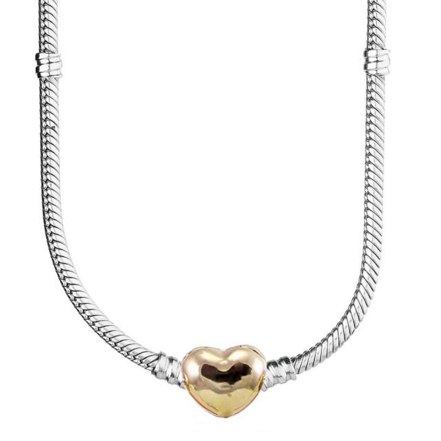 Original Roségold Glatte Liebe Herz Verschluss Schlangenkette Halskette 925 Sterling Silber Halskette für Perlen Charm Schmuck 60cm
