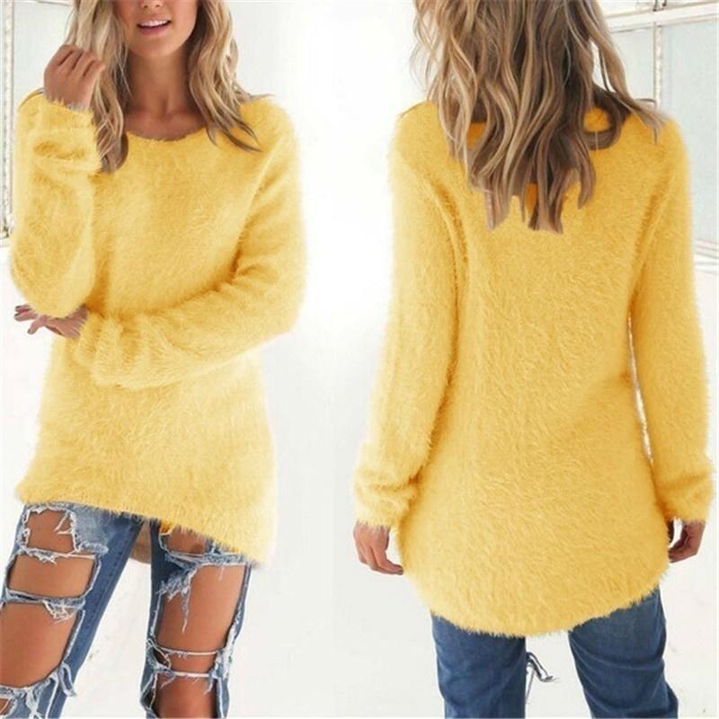 Frauen Kleidung Herbst und Winter Pullover Casual Langarm Pullover Damen Oansatz Shirts Baumwolle Pullover Lose Pullover L gelb