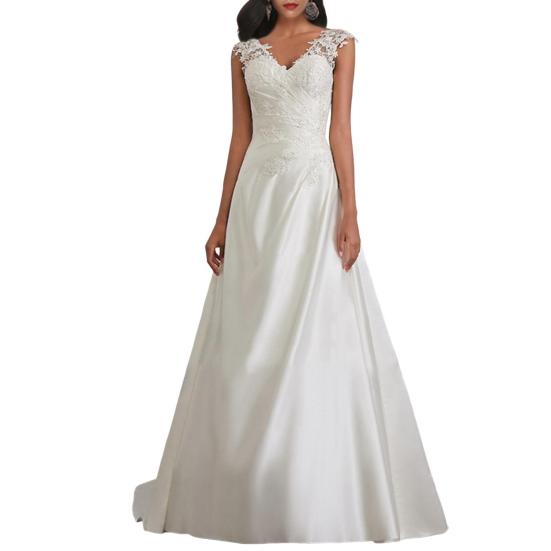 Hochzeitskleid für Braut Spitze Applikation V-Ausschnitt Ärmellos Brautkleid Satin Formelles Kleid 3XL weiß
