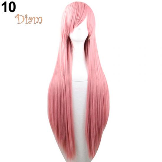 Fetong Mode Mädchen Frauen Lange Cosplay Schräge Pony Gerade Volle Perücken Haarverlängerung rosa