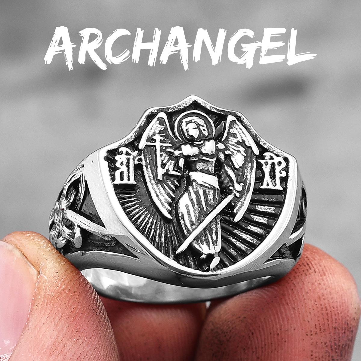 Erzengel St. Michael Religion Amulett Edelstahl Herrenringe Punk für Männlich Freund Biker Schmuck Kreativität Geschenk 9 white